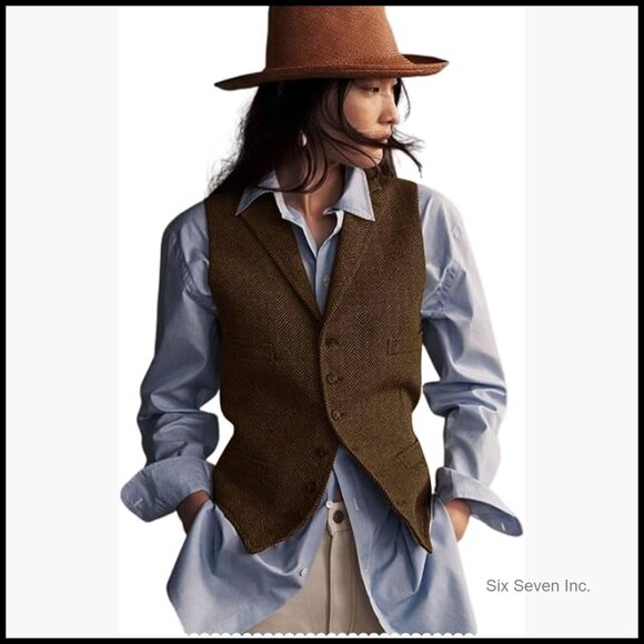 Jackets & Blazers - Herringbone Tweed Sleeveless Blazer Vest Lapel V Neck Office Wear